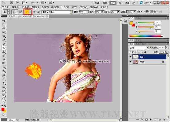 photoshop CS5混合器画笔工具为美女模特添加金色丝带