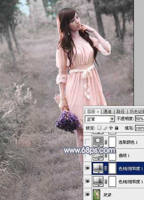 Photoshop快速打造淡蓝色梦幻树林美女图片